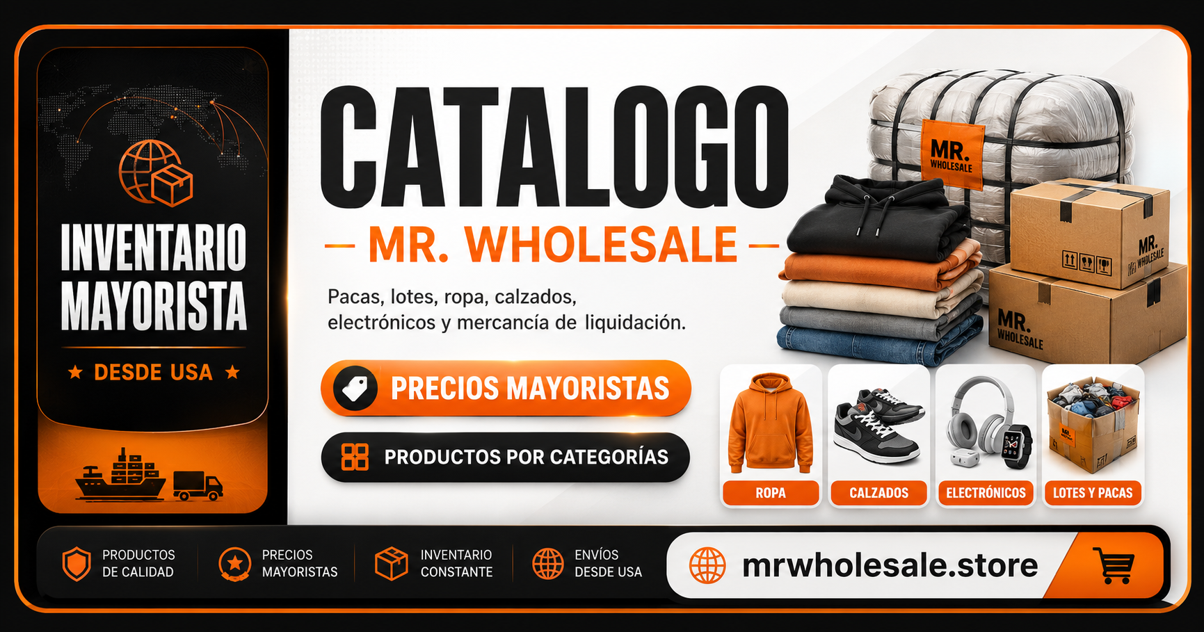 Catalogo MR. WHOLESALE con pacas, ropa, calzados y productos por categoria